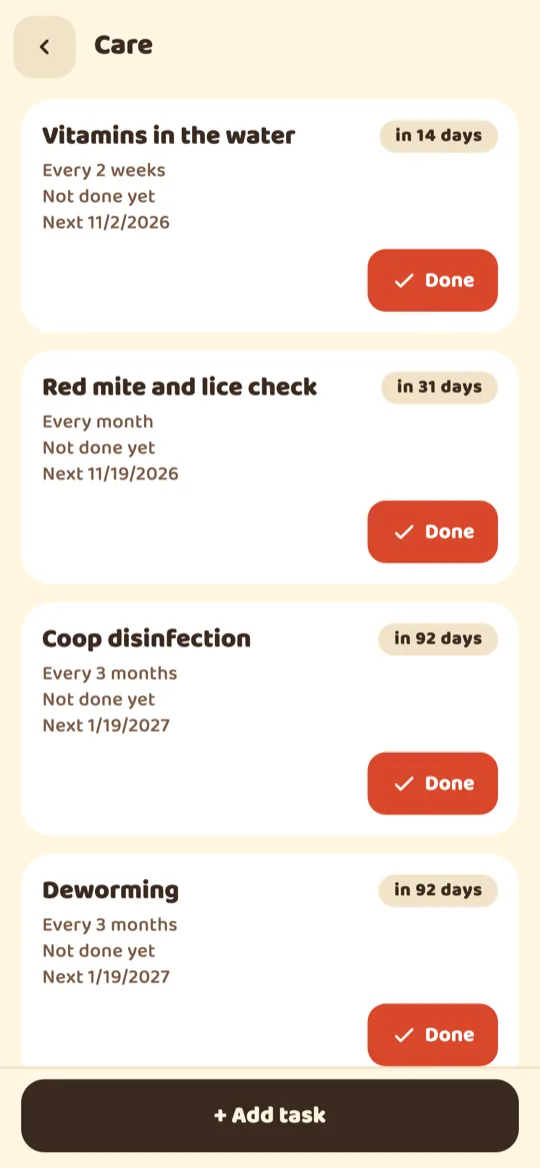Care reminders such as vitamins, red-mite check and worming with due dates