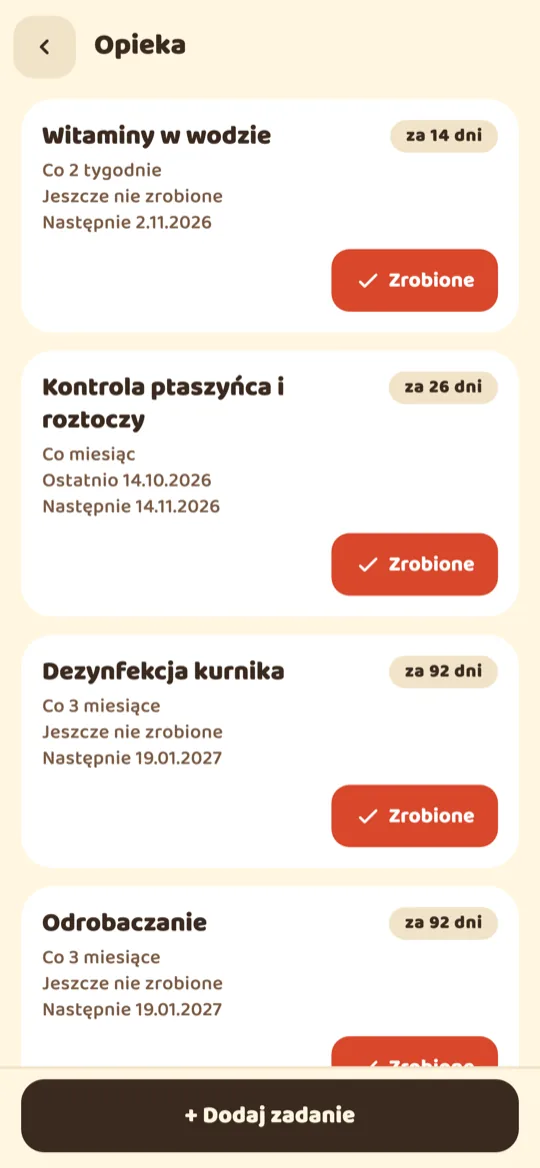 Przypomnienia o witaminach, kontroli ptaszyńca i odrobaczaniu z terminami