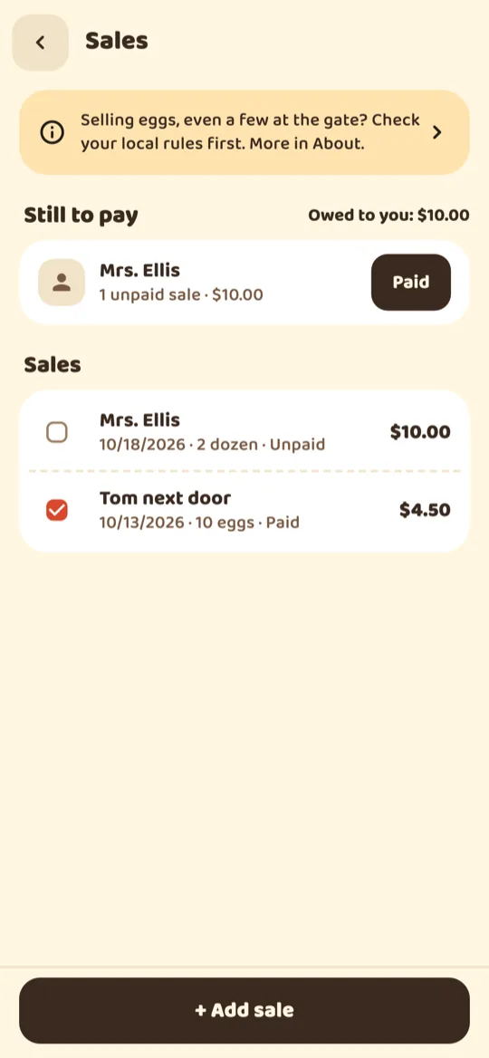 Sales list with neighbours, amounts and paid or unpaid status