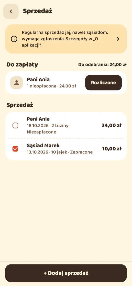 Lista sprzedaży z sąsiadami, kwotami i statusem zapłaty